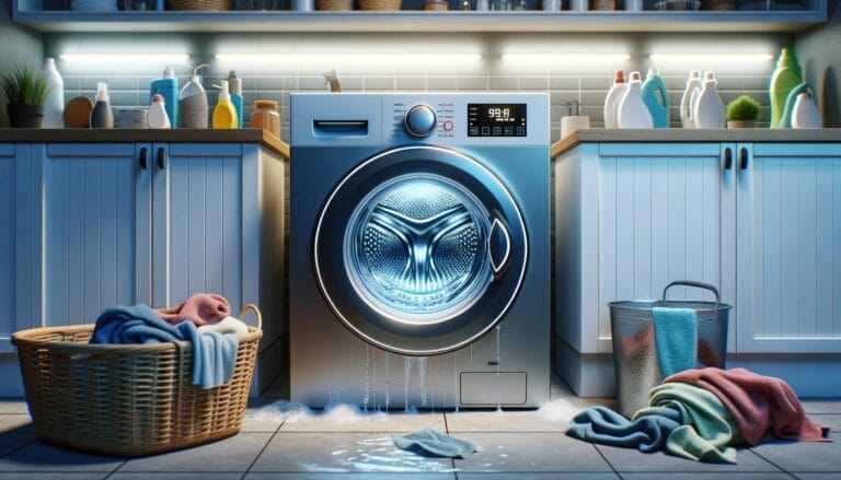 máquina de lavar estacionária em uma lavanderia, cercada por alguns indícios de uma parada inesperada