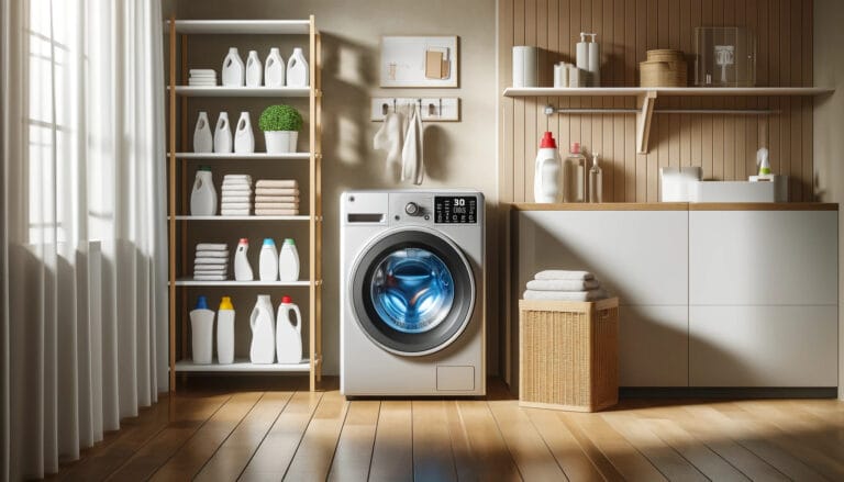 Uma lavanderia moderna com uma máquina de lavar estilosa e elegante em destaque.