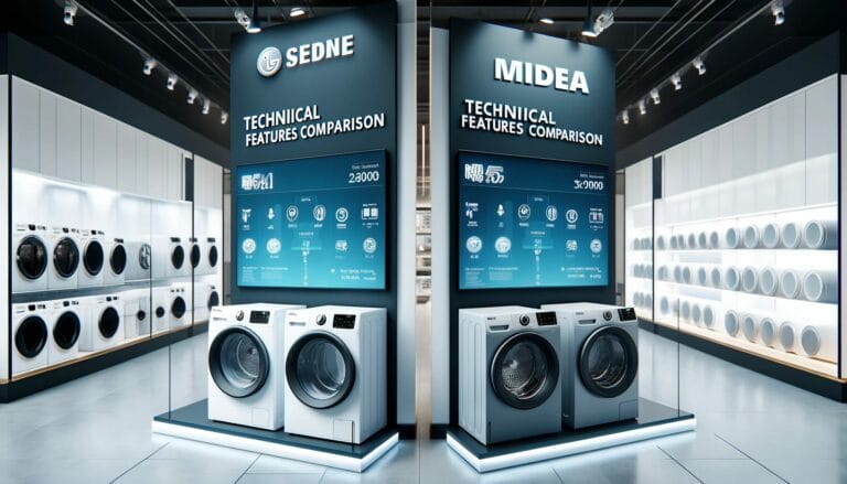 Imagem que retrata um cenário de atendimento ao cliente em uma loja de eletrônicos moderna, com foco em máquinas de lavar.