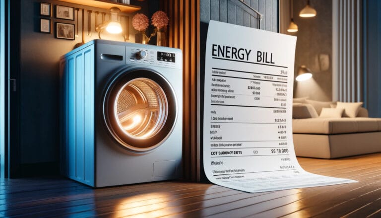 Uma representação visualmente envolvente de uma conta de energia doméstica ao lado de uma máquina de lavar moderna em um ambiente doméstico.