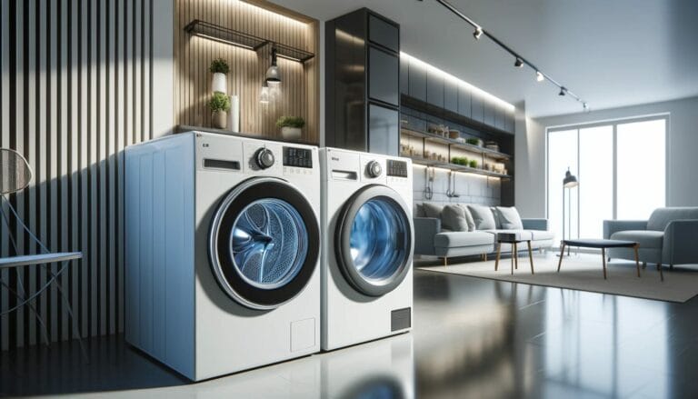 Lavanderia moderna com duas máquinas de lavar diferentes, uma da marca LG e outra Midea, colocadas lado a lado.