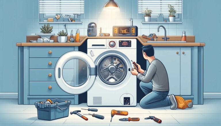 uma pessoa verificando a fonte de alimentação de uma máquina de lavar, inspecionando seu painel de controle em busca de erros