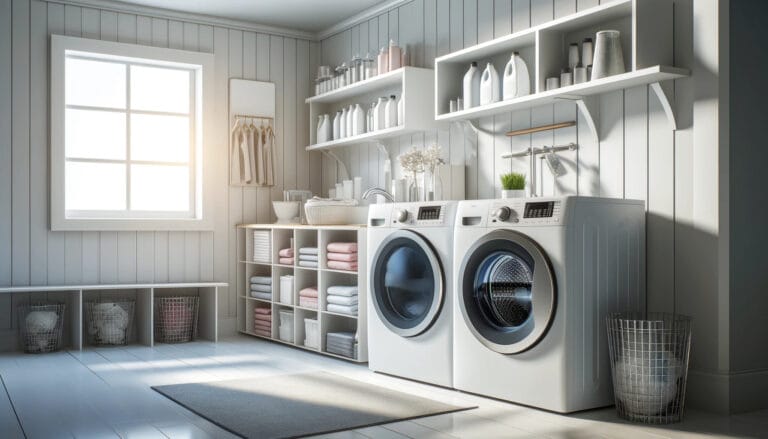 Uma lavanderia moderna com máquinas de lavar de carregamento superior e frontal.