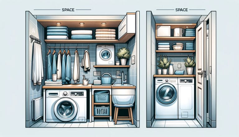 Ilustração de duas configurações diferentes de lavanderia doméstica mostrando os requisitos de espaço para máquinas de lavar.