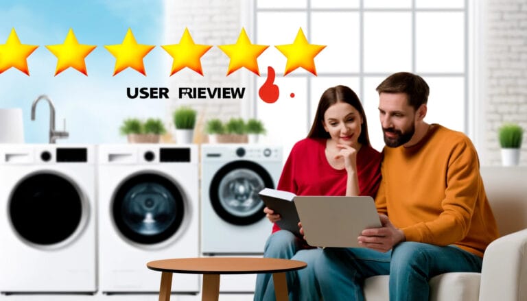 Uma imagem visualmente envolvente que representa comentários e comentários de usuários sobre máquinas de lavar.