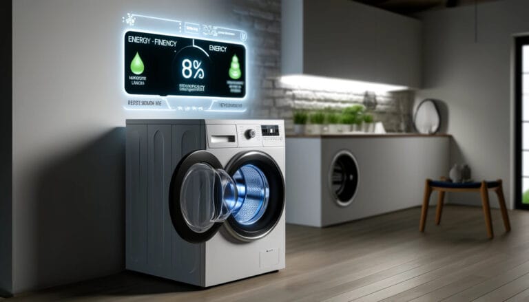 Uma lavanderia moderna com tecnologia de ponta em máquinas de lavar que reduz o consumo de energia.